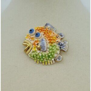 Vtg Jewelry 10 Co CYNTHIA CHUANG Handcrafted PUFFER FISH Ceramic Brooch